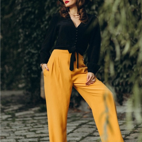 SOLD Retro Pants 40s Style Gold Wide Leg M L UK 12 Seamstress Of Bloomsbury - Picture 3 of 10